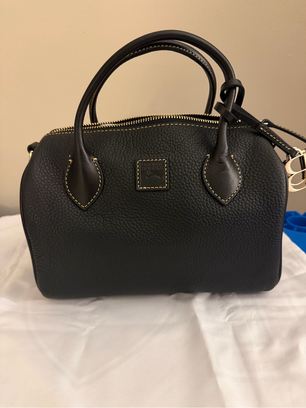 Dooney & Bourke Black Pebble Leather Dome Satchel with Gold Accents